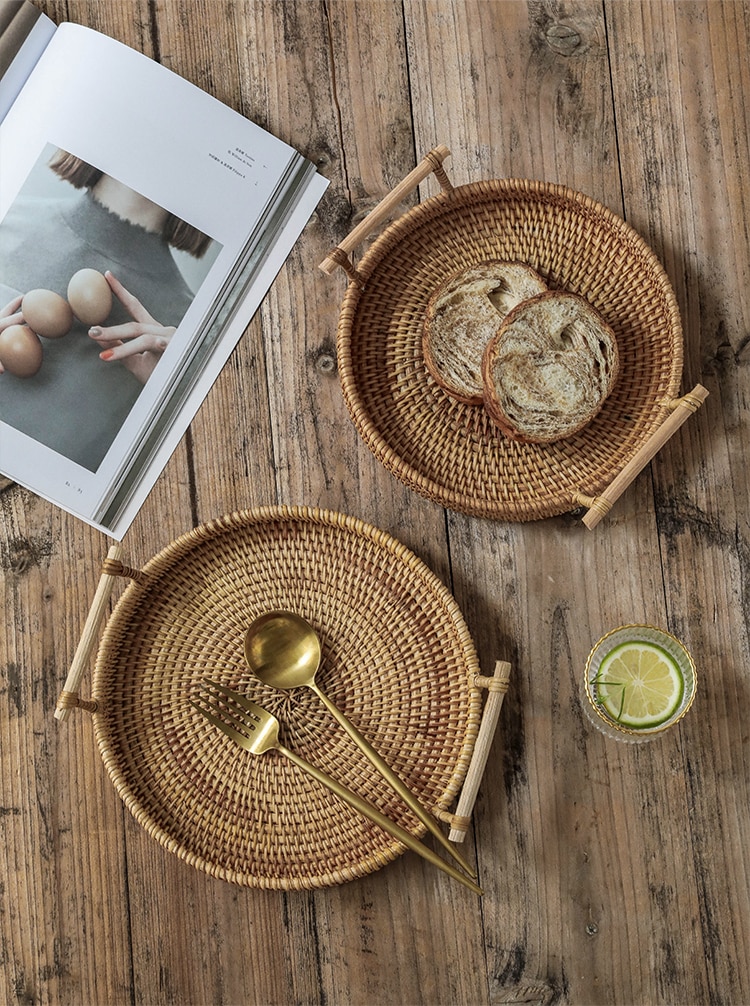 Woven Rattan Tray with Wooden Handles - Image 3