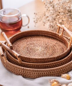 Woven Rattan Tray with Wooden Handles